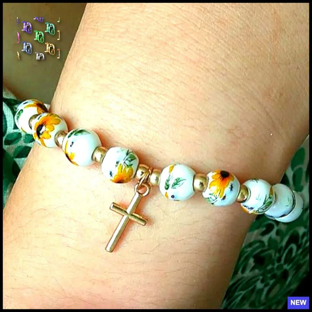 Floral Beaded Stretch Bracelet with Cross Charm Elegant Religious Jewelry